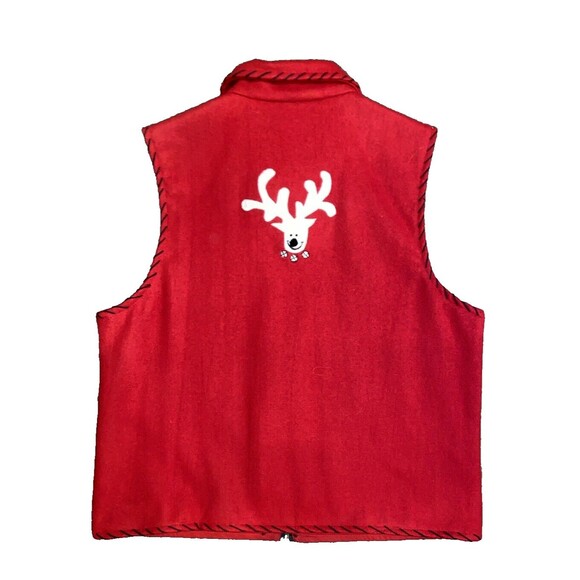 Life Style Red Christmas Vest Reindeer Appliques Full Zip Wool Women's LARGE - Picture 4 of 16